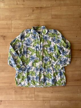 Studio Works 100% Linen Floral Button Up Shirt Women XL Relaxed Fit